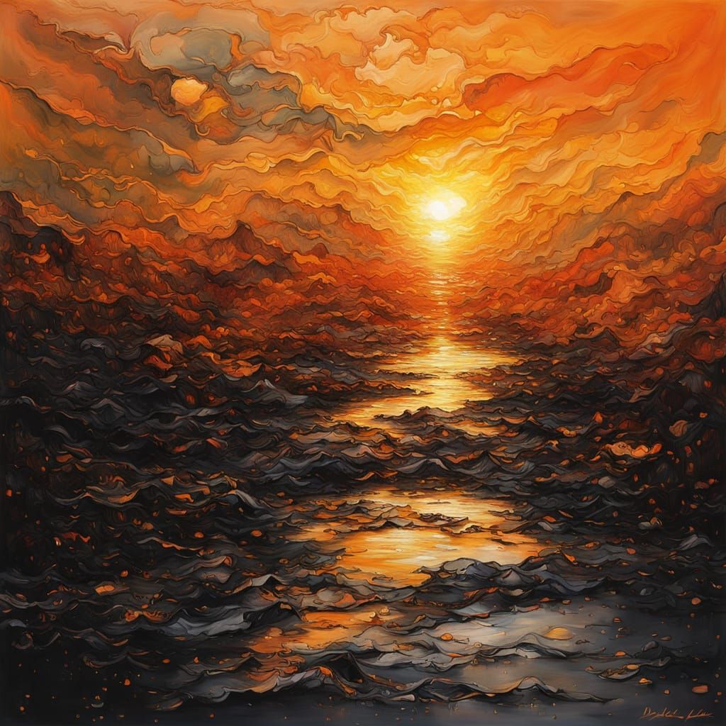 Viscous Sunset Oil Painting with Golden Light
