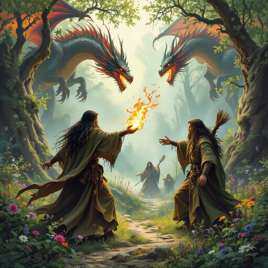 Druids Defend Forest from Dragons: Frazetta Style