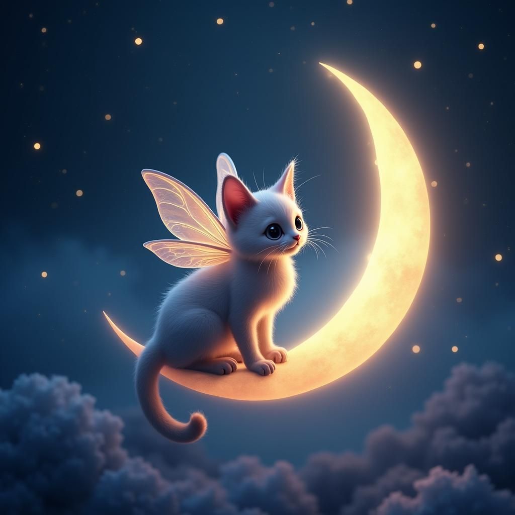 Fairy Cat on the Moon in Dark Fantasy Style