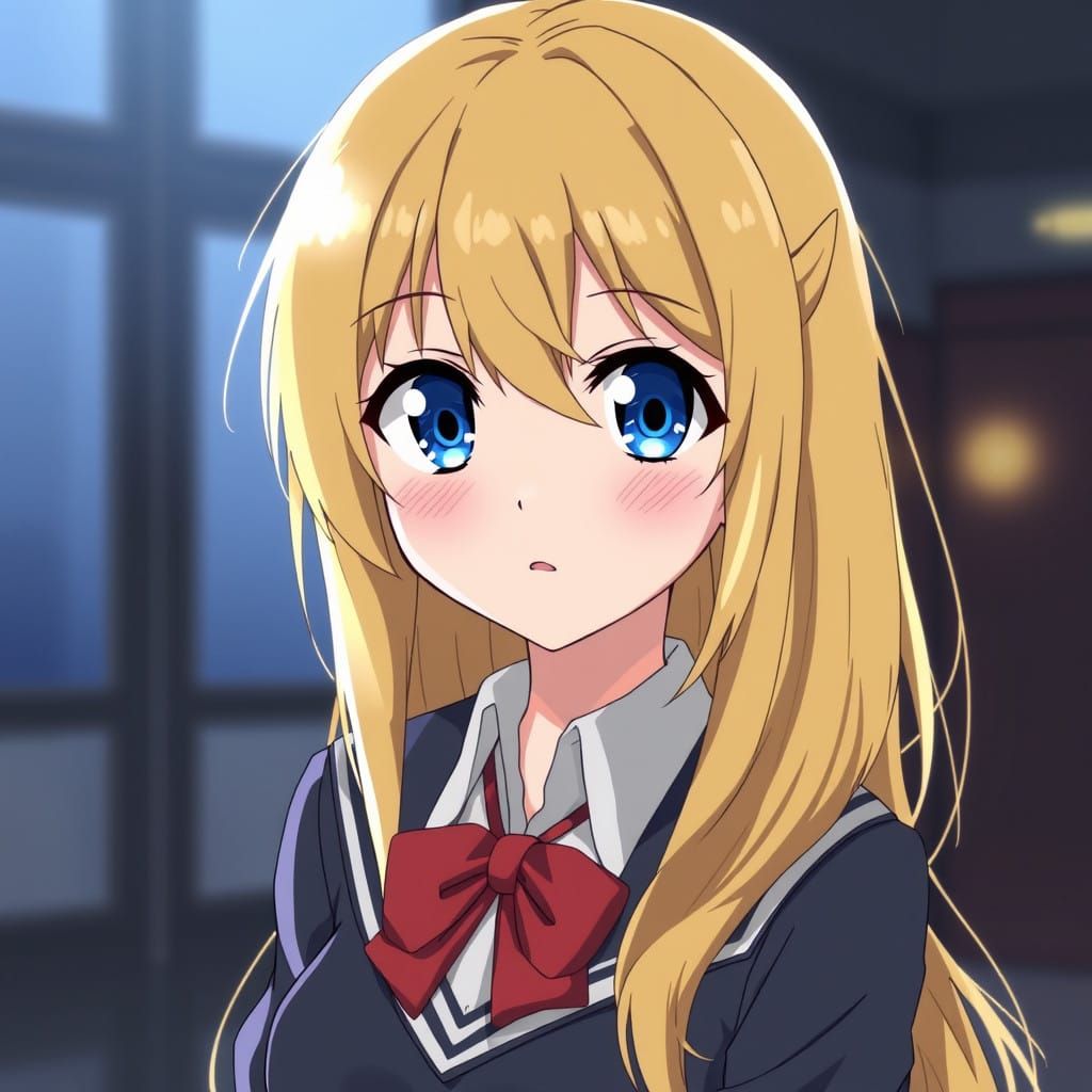 Anime School Girl with Blonde Hair and Blue Eyes