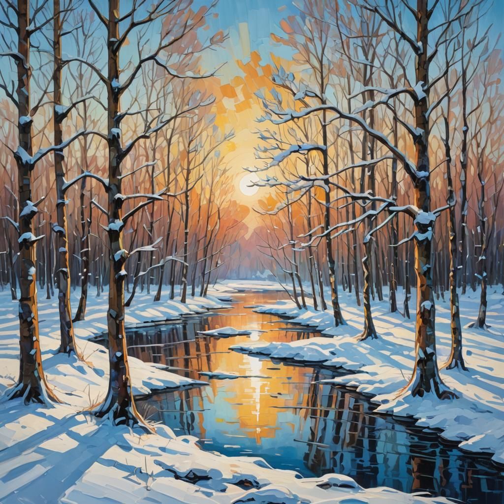 Winter Lake: A Neo-Impressionistic Oil Painting