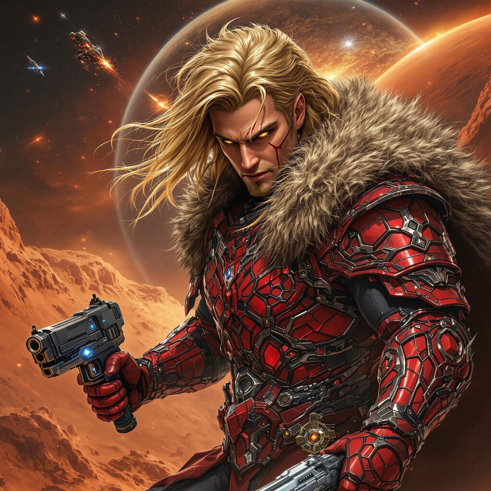 Golden Warrior of Mars in Futuristic Red Armor