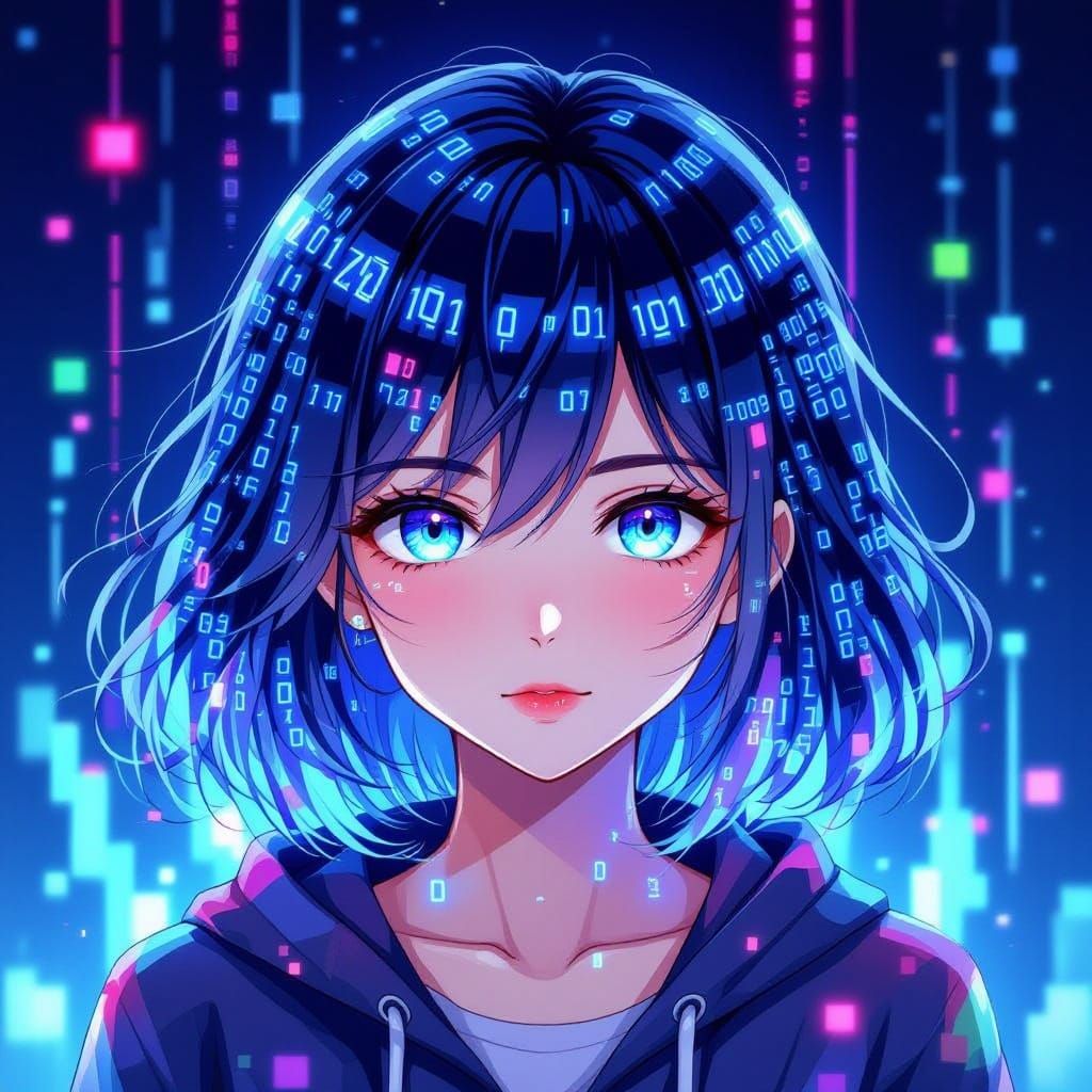 Anime Portrait of Woman with Binary Code Hair