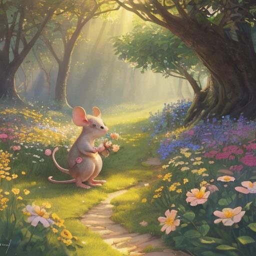 Cute Mice Picking Flowers in Sunlight