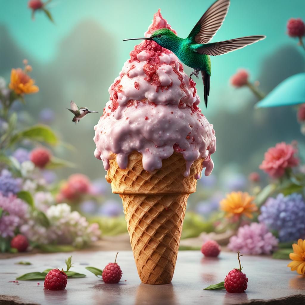Hummingbird with Ice Cream Cone in Detailed Matte Painting