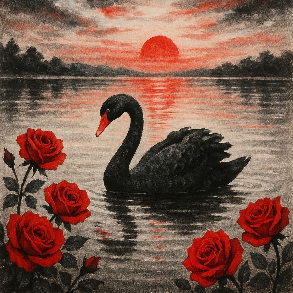 Black, White, and Red Swan on Lake at Dawn