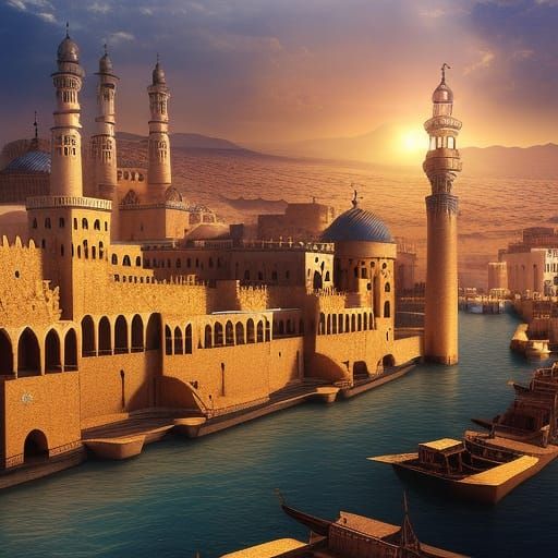 Golden Medieval Arabian City on River Delta
