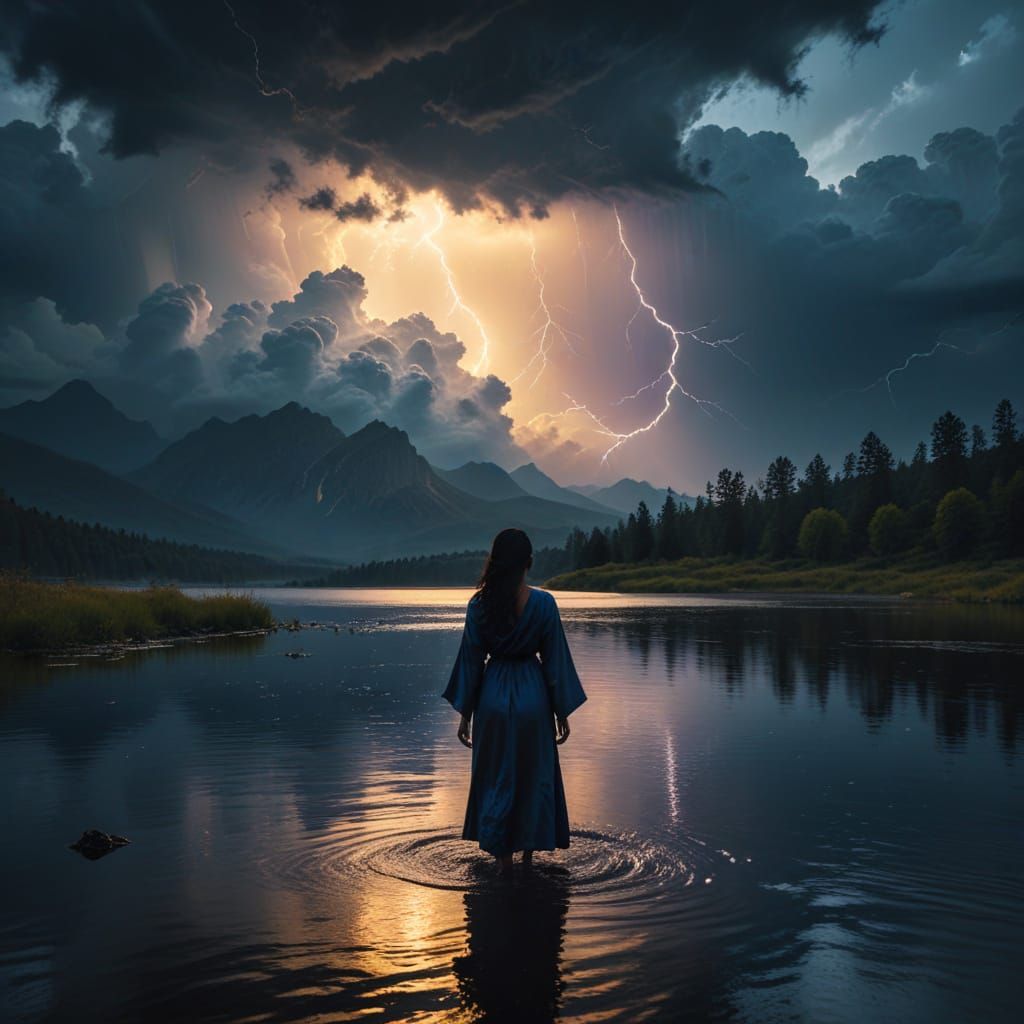 Storm whispers secrets to the still lake