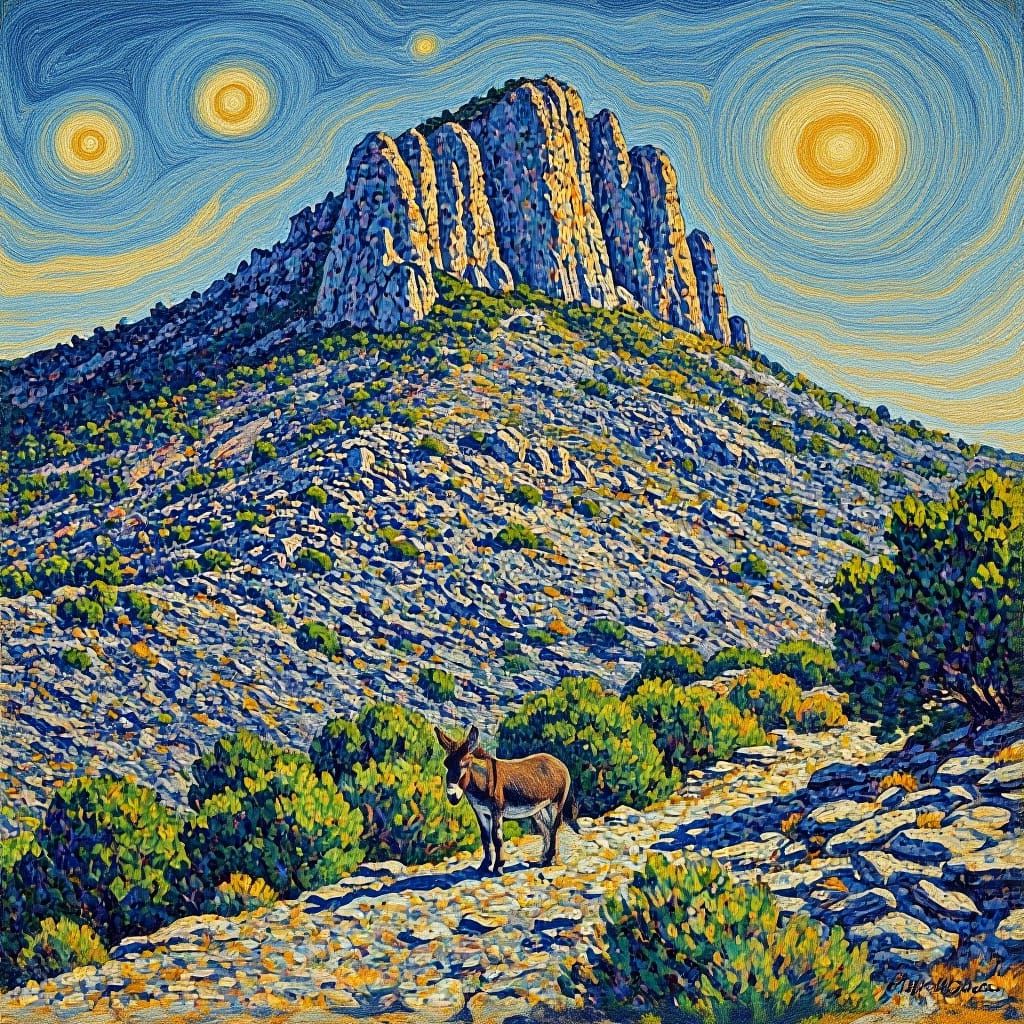 Mont Ventoux Donkey in Kinetic Pointillism Style