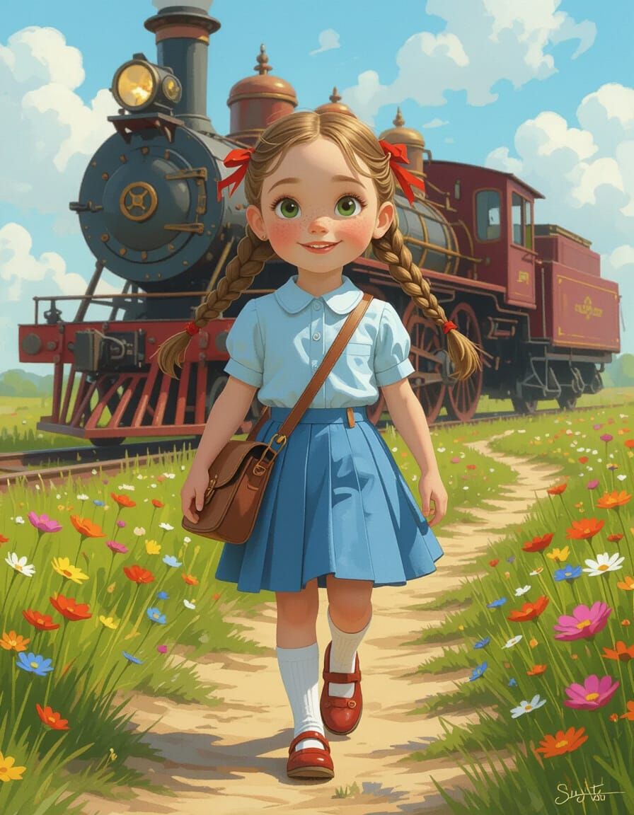 Whimsical Girl with Steampunk Engine, Digital Illustration