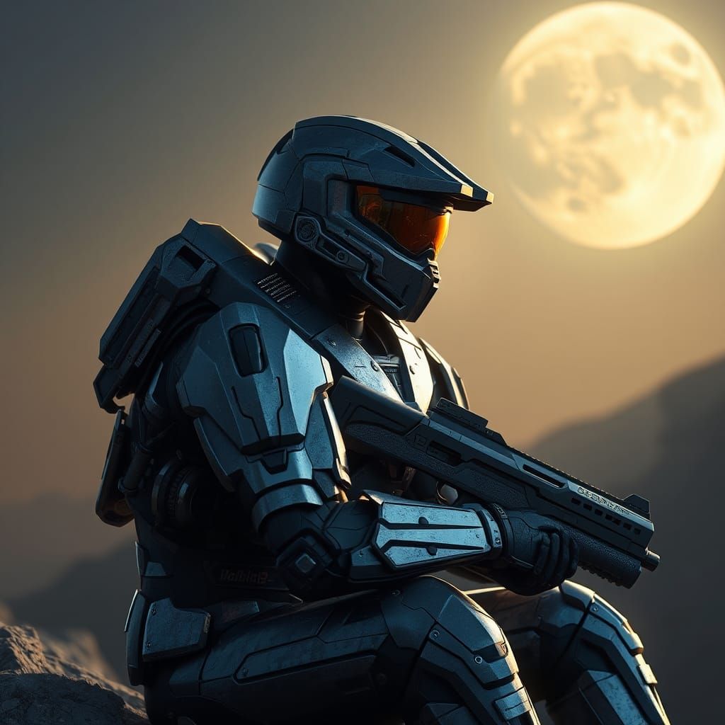 Halo Guardian in Moonlight: Industrial Futuristic Concept Ar...
