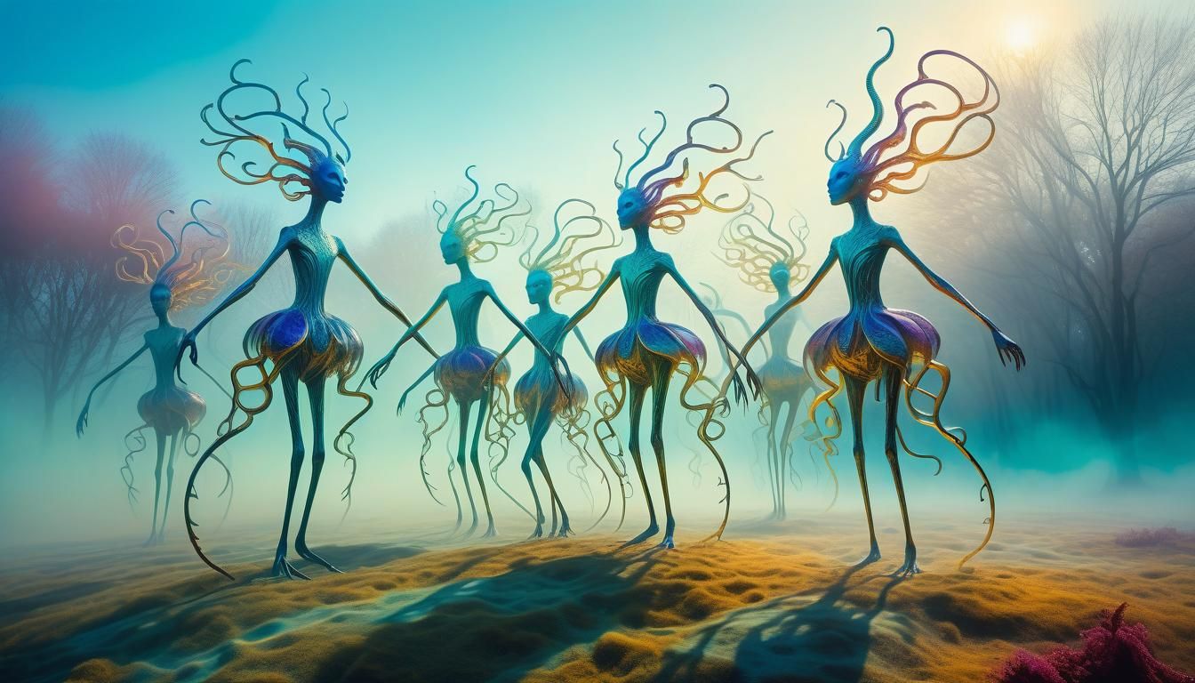 Surreal Creatures Above Iridescent Landscape in Vivid Colors