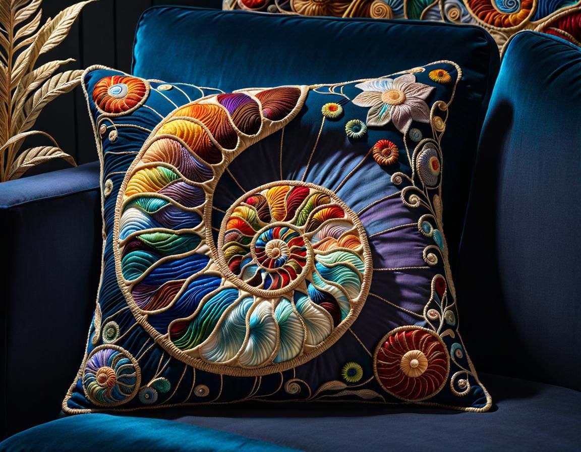 Embroidered Ammonite Pillow in Hyperrealistic Style