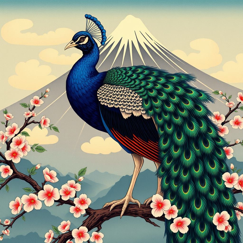 Ukiyo-e -tyylinen riikinkukko