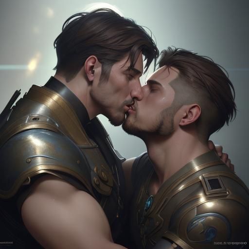 Portrait of Two Men Kissing in Hyperdetailed Style