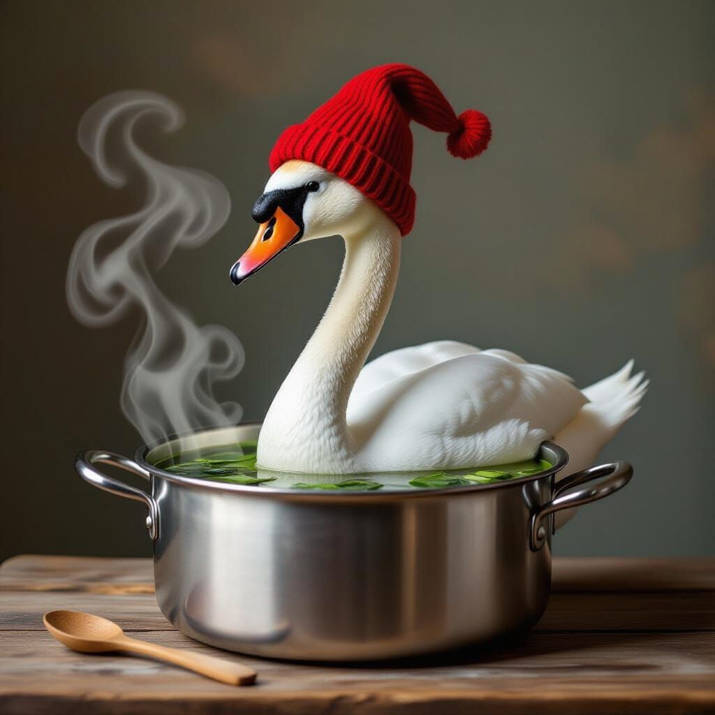 Surreal Swan Wearing Hat Dives Into Spinach Soup