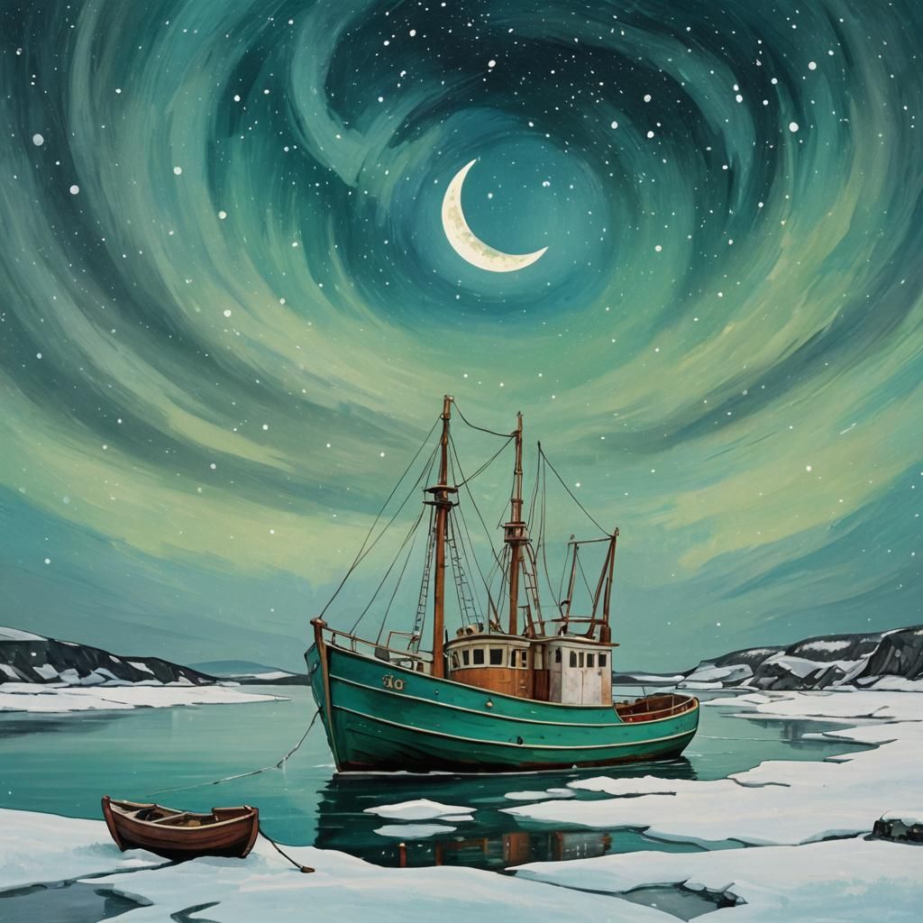 Newfoundland Trawler at Night: Surreal Abstract Aurora