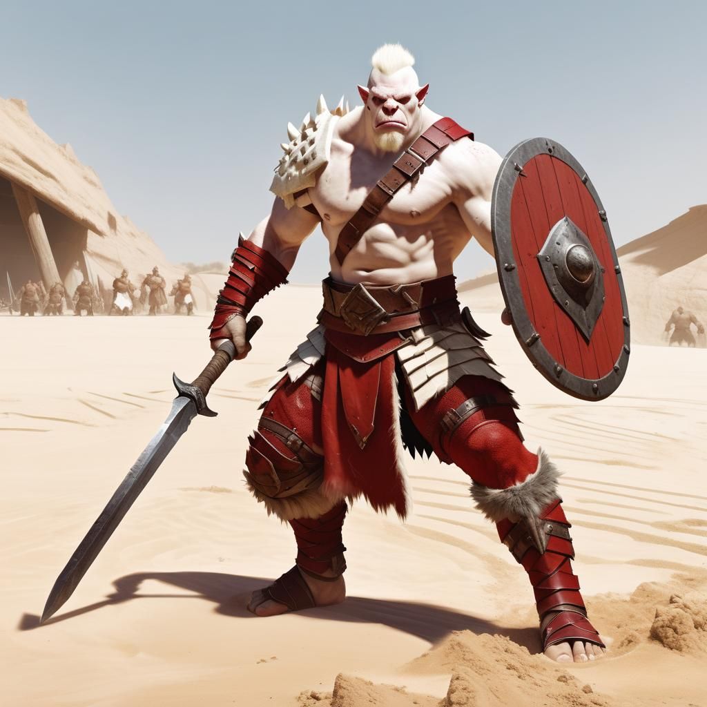Albino Barbarian Half-Ogre Pit Fighter in Arena