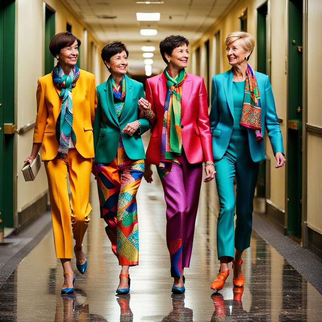 Women in Bright Pantsuits and Scarves