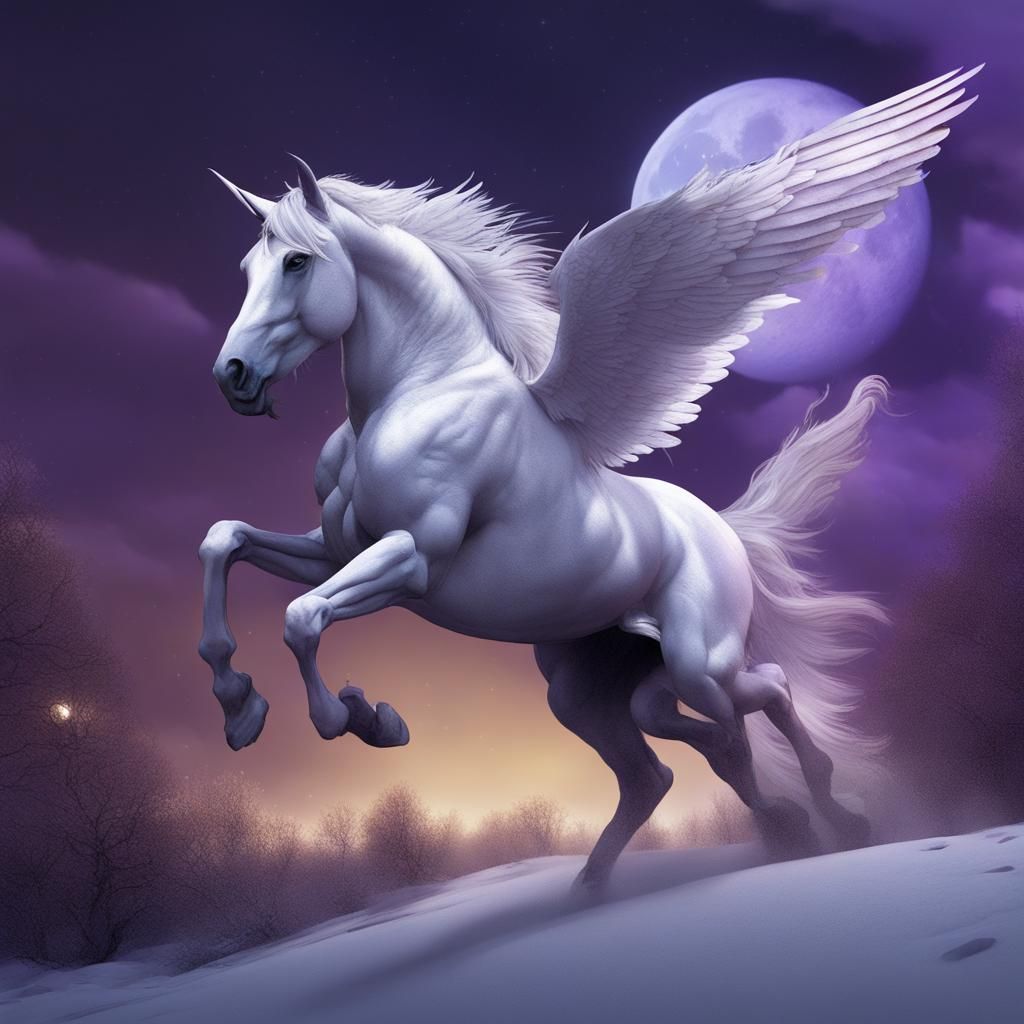 Pegasus Flies Past Moon: Dark Fantasy Concept Art