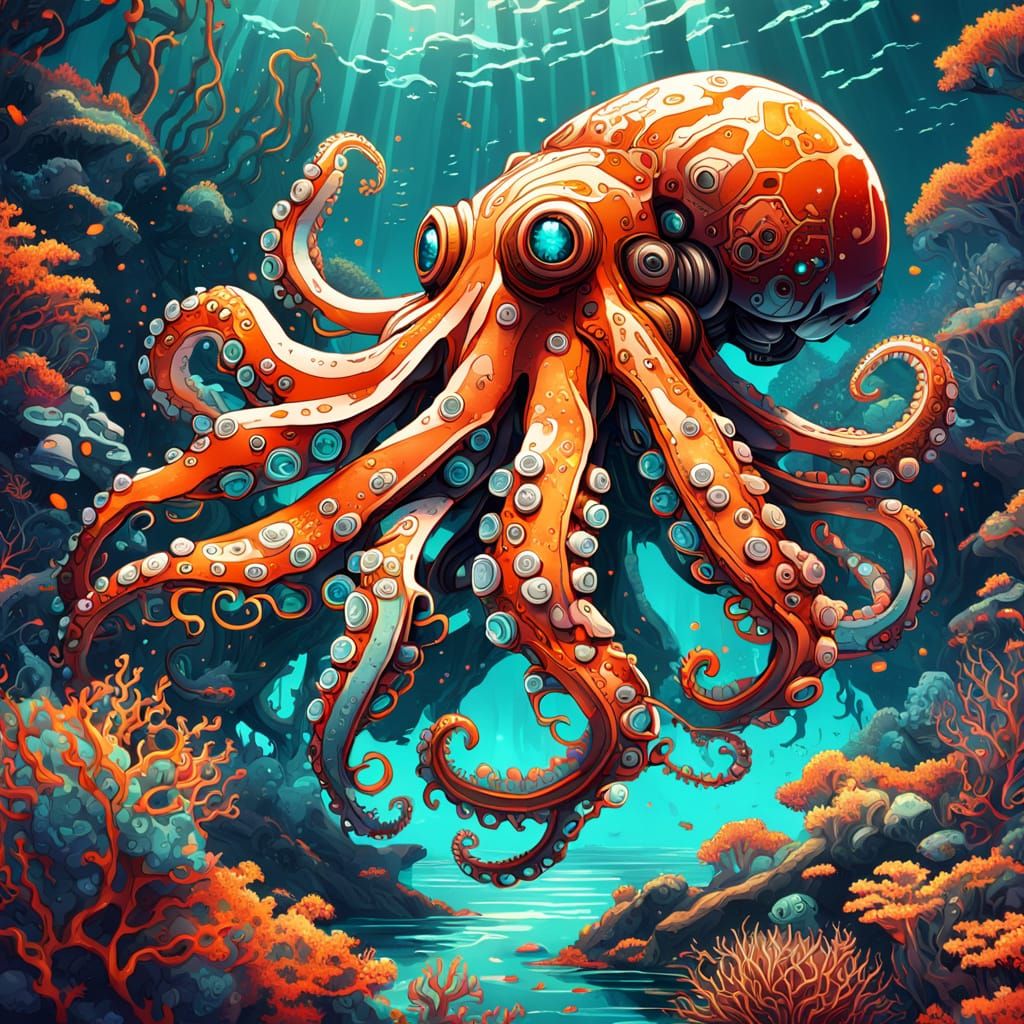 Vibrant Anime-Style Mecha Octopus in Tropical Ocean