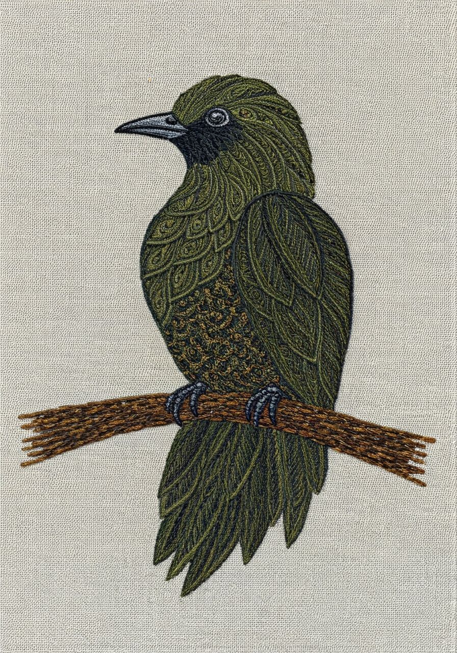 Zentangle Bird of Paradise Embroidery in Black, Olive, Gold