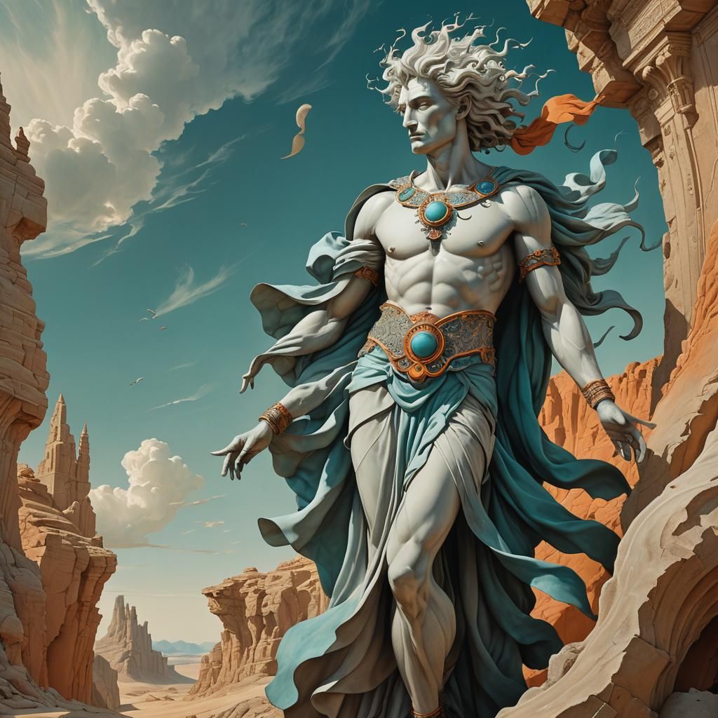 Windswept Ancient Figure in Surrealist Style