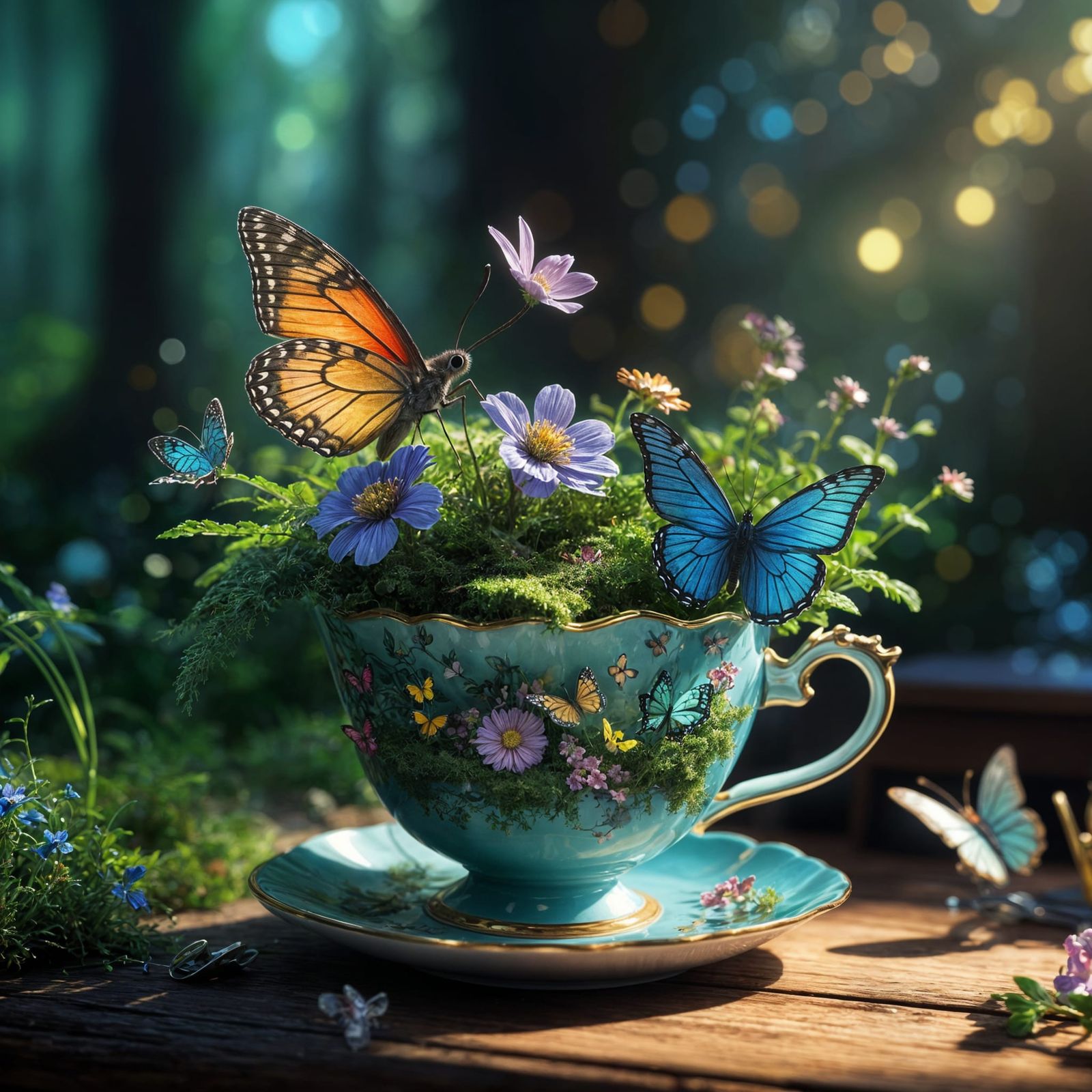 Magical Butterfly in Teacup: Enchanted Forest Macro