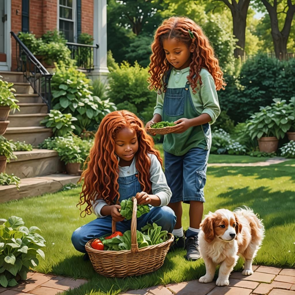 Children Playing with Puppy in Sunny Garden