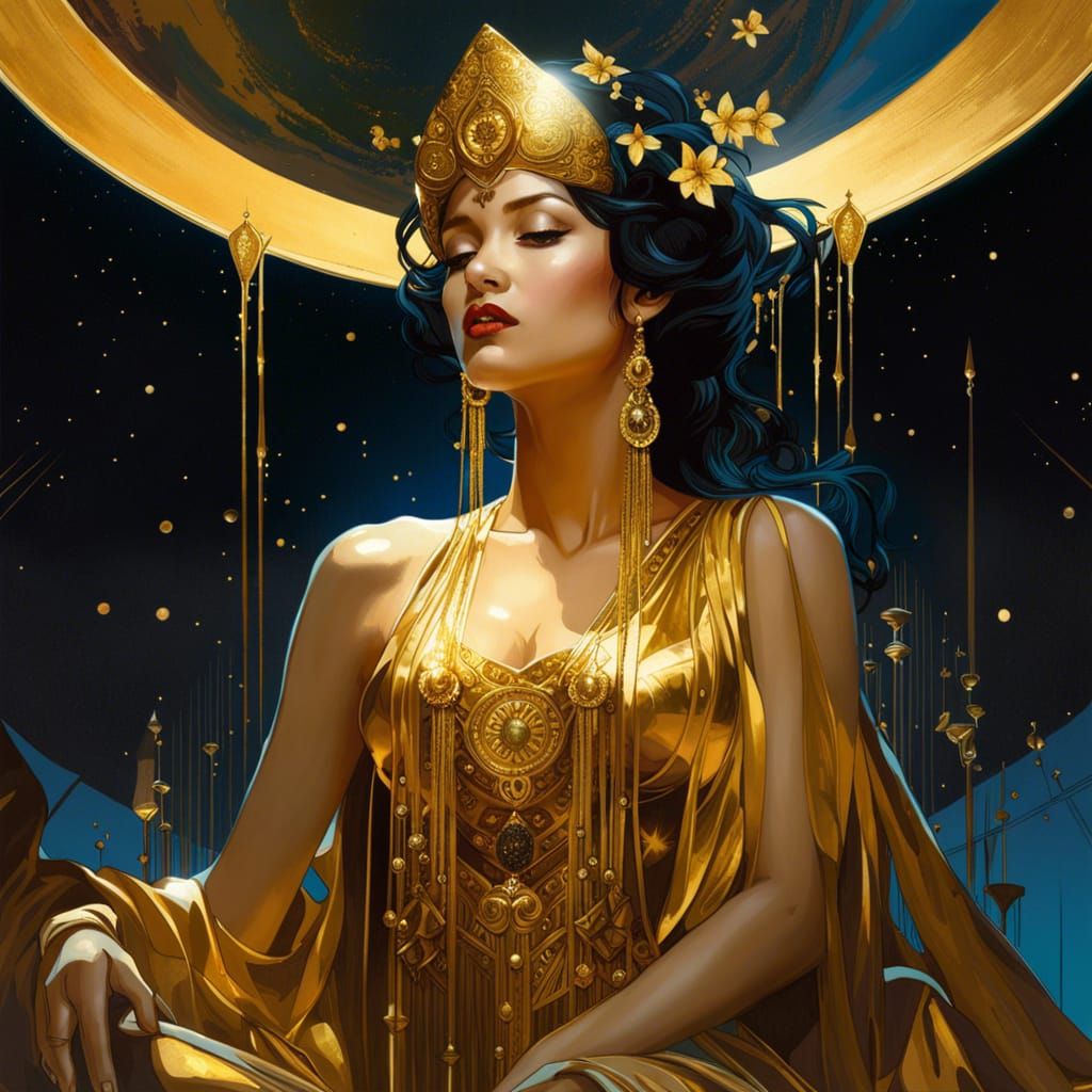 Golden Goddess Under Moonlight: Art Deco Illustration