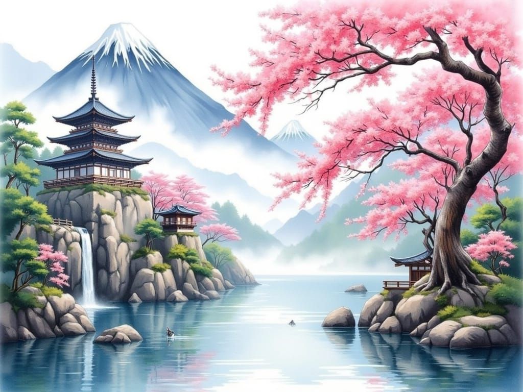Surreal Watercolor Landscape with Japanese Pagoda and Cherry...