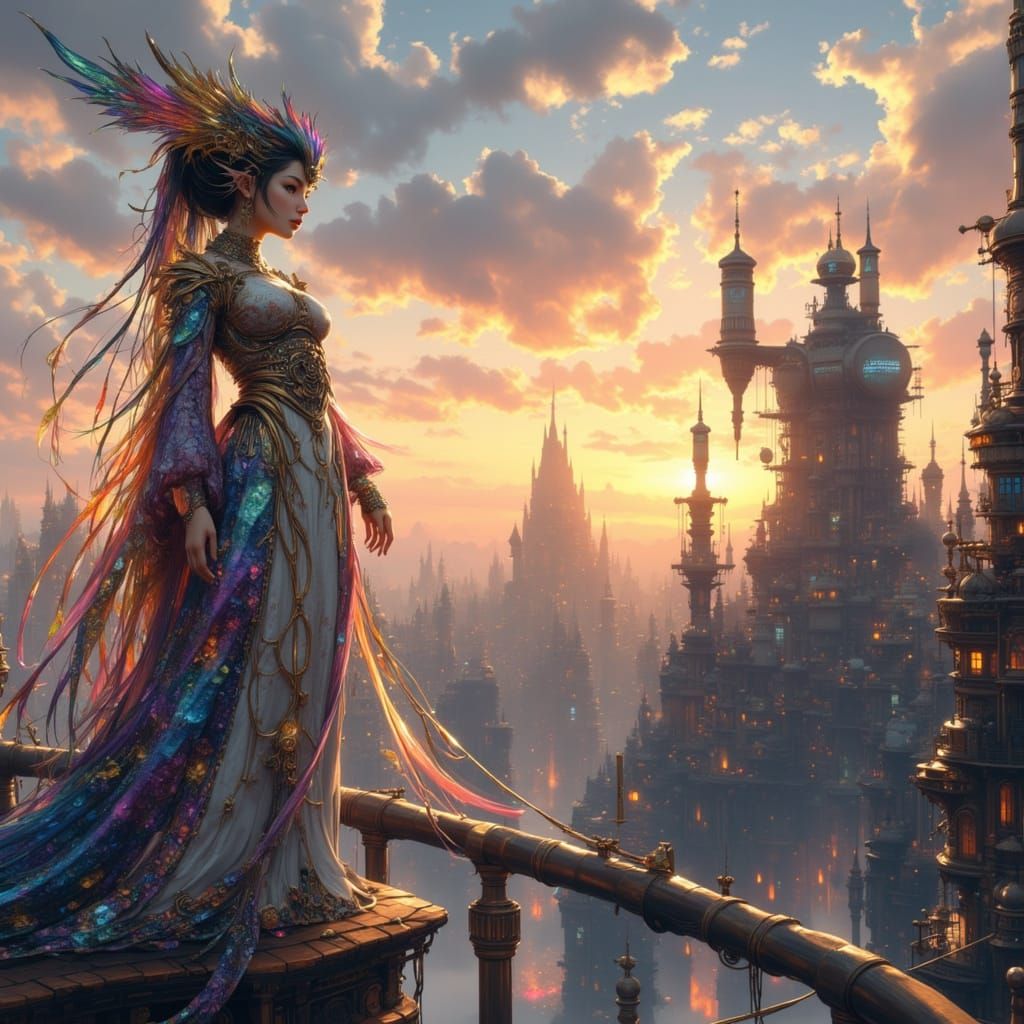 Dragon Woman in Futuristic Cityscape - High Fantasy Art