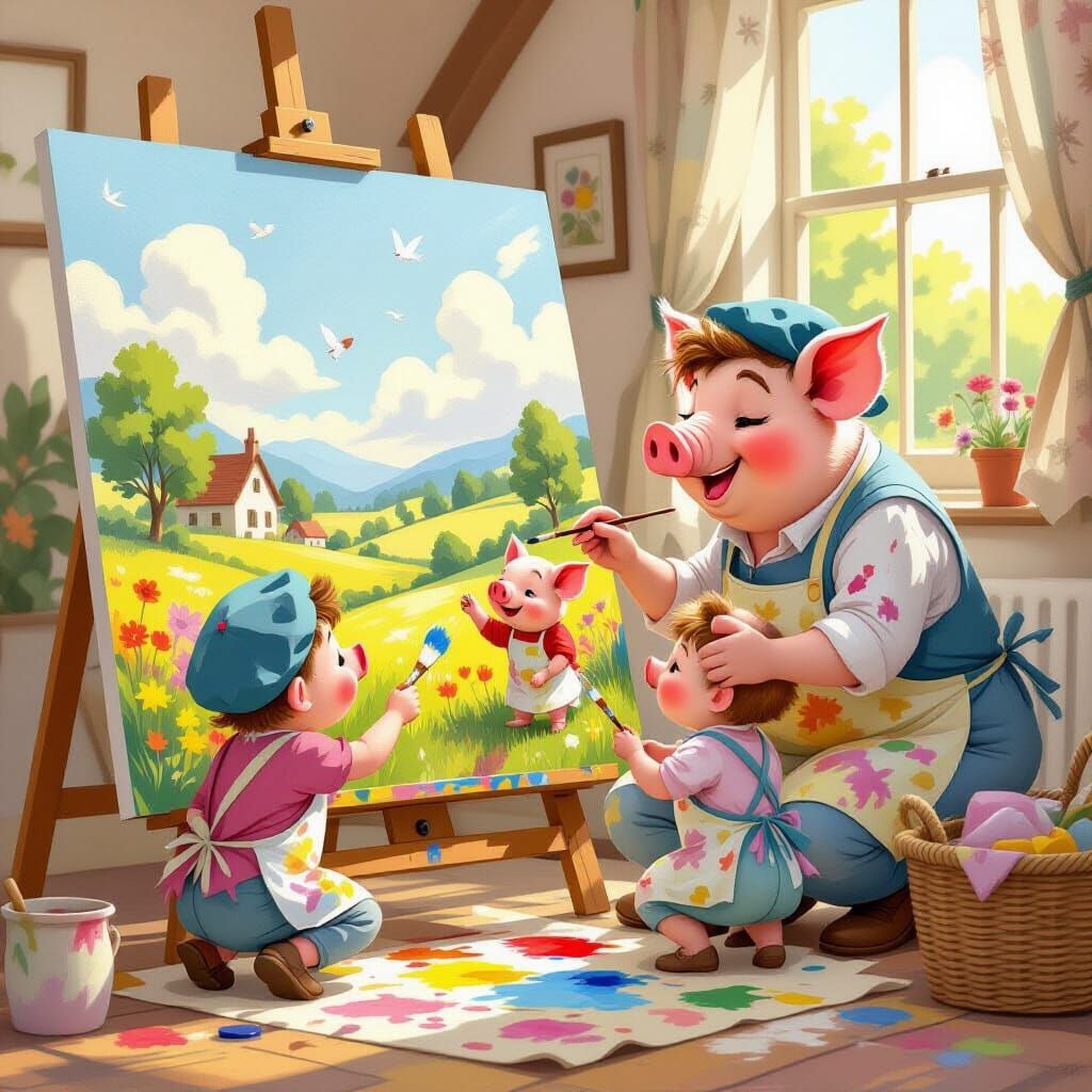 Whimsical Pigs Painting Countryside Scene