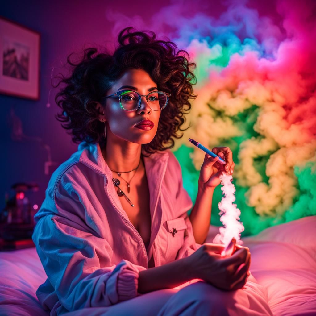 heavy latina female wearing glasses with short curly hair sitting on bed smoking an "oversized crystal clear vape pen" w...