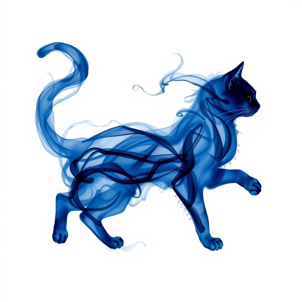 Ethereal Feline Silhouette in Abstract Indigo Ink Art