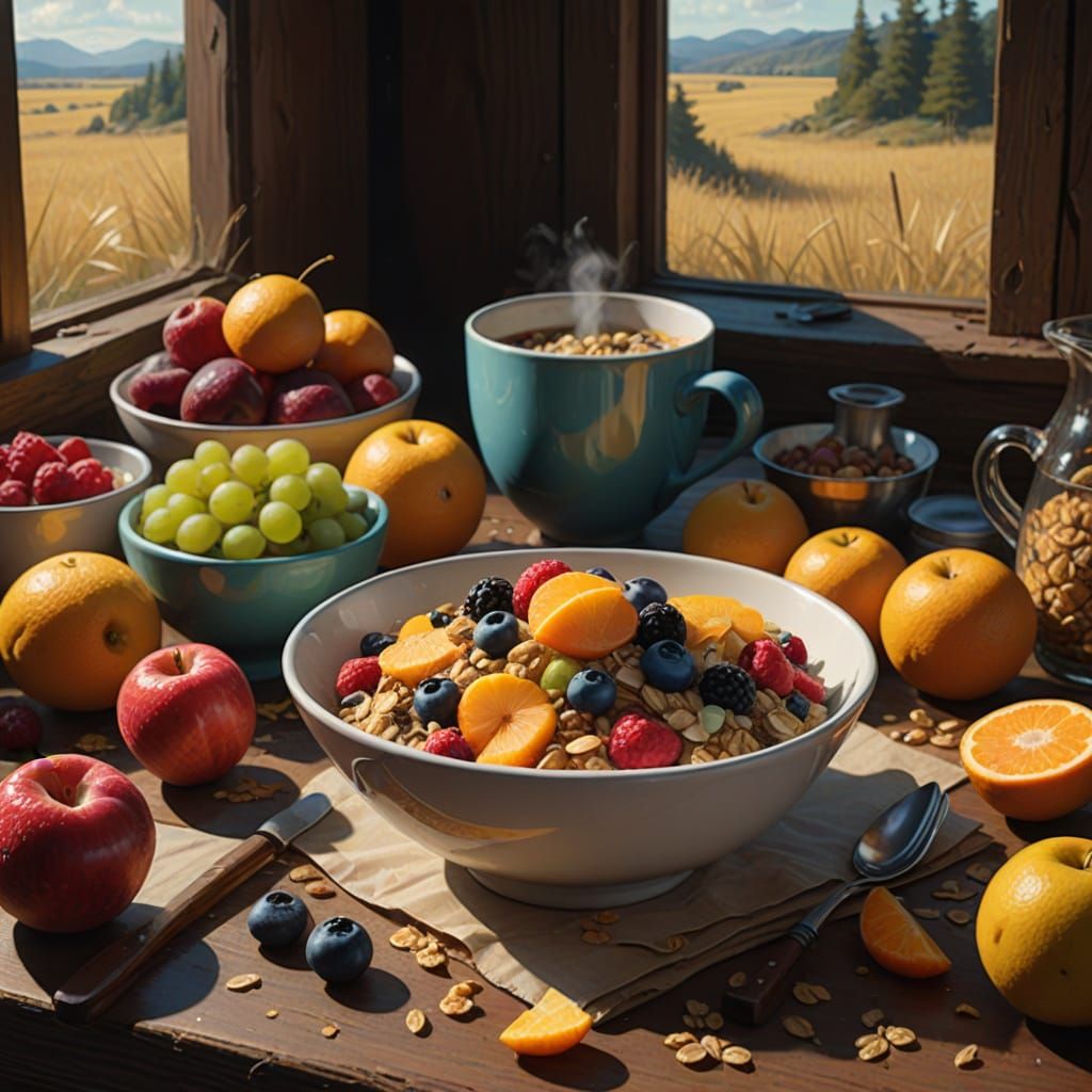 Golden Muesli Scene with Vibrant Fruits in a Cozy Kitchen