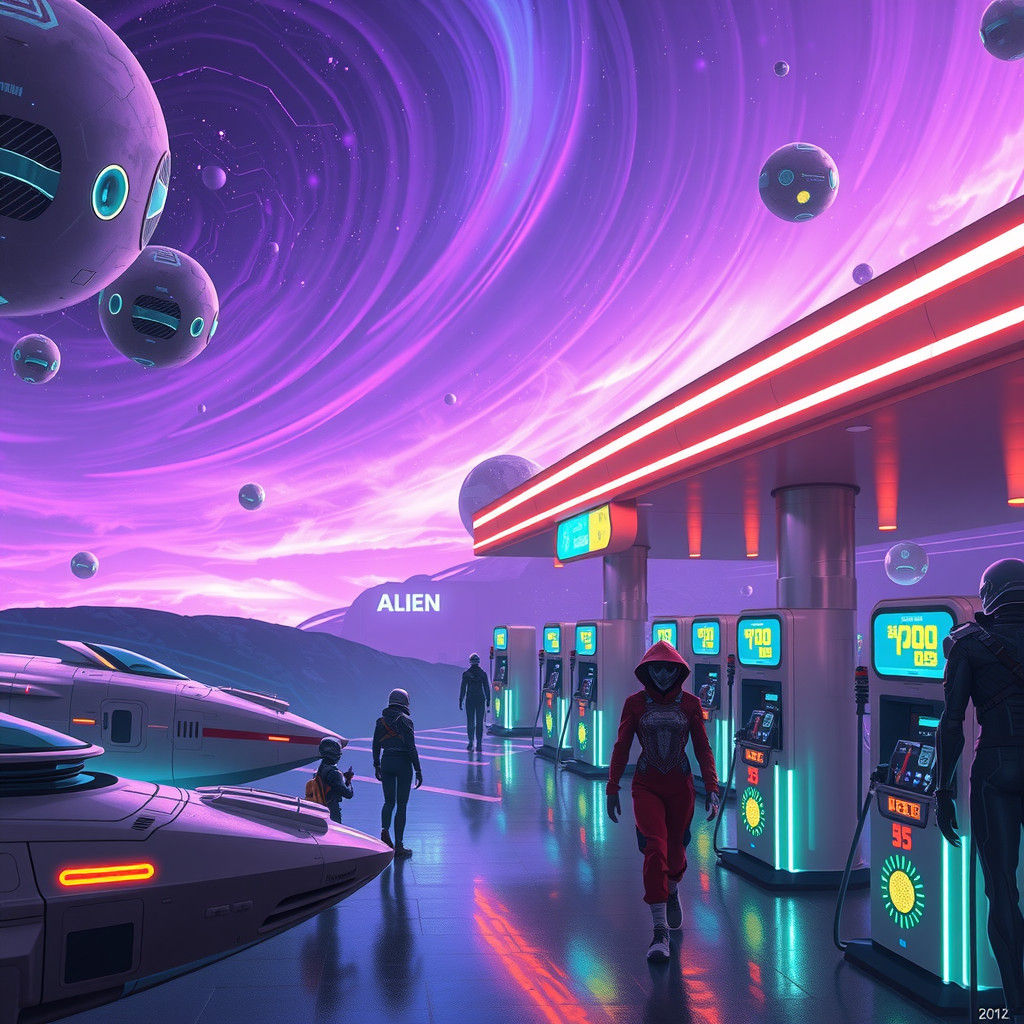 Bustling Alien Gas Station in the Void of Space