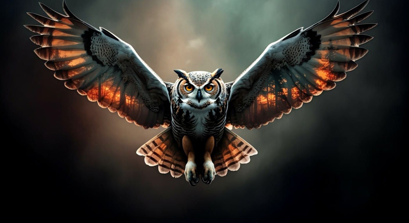 Great Horned Owl in Flight: Forest Fire Double Exposure