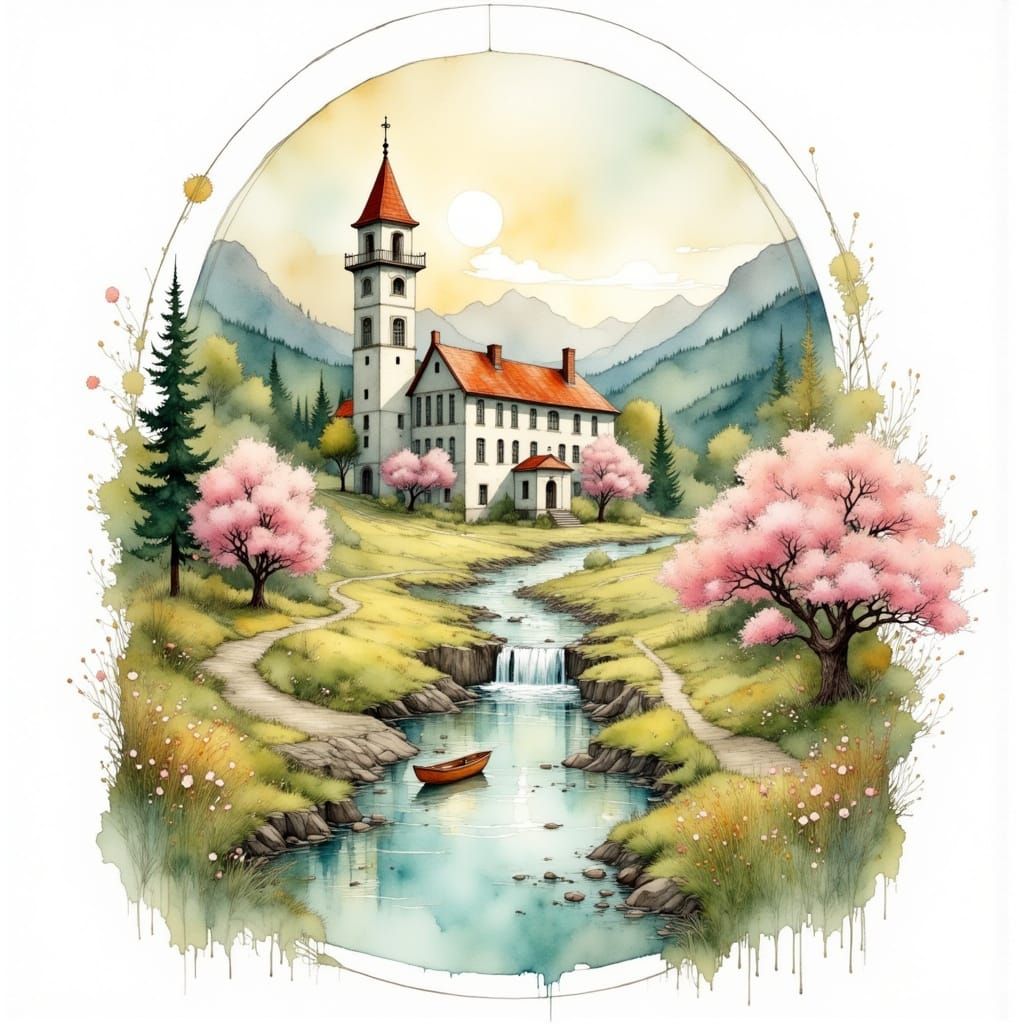 Magical School Frame with Fantasy Landscape in Watercolor St...
