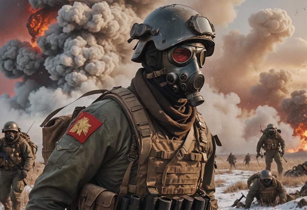 Soldier in Gas Mask with Siberian Steppe Explosion