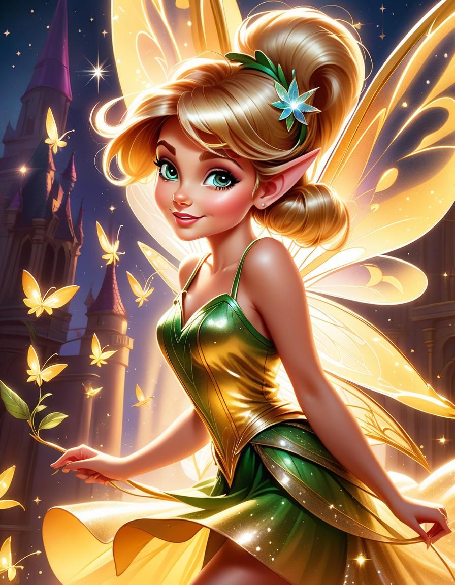 Tinkerbell Illustration: Mischievous Fairy in Flower Petal D...