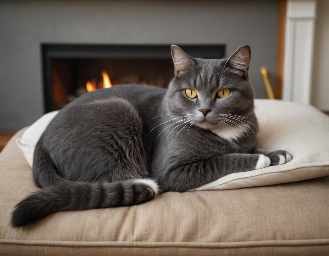 Sleeping Grey Cat with Golden Eyes by Fireplace