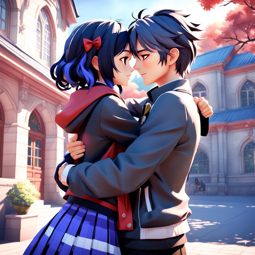 Marinette and Adrien: 3D Anime School Hug