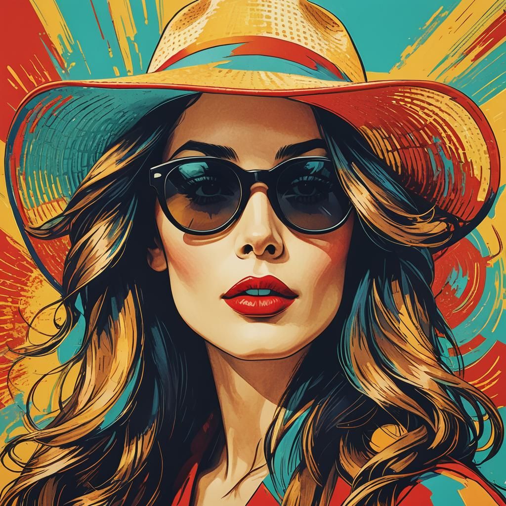 Retro Pop Art Woman with Sunglasses and Hat