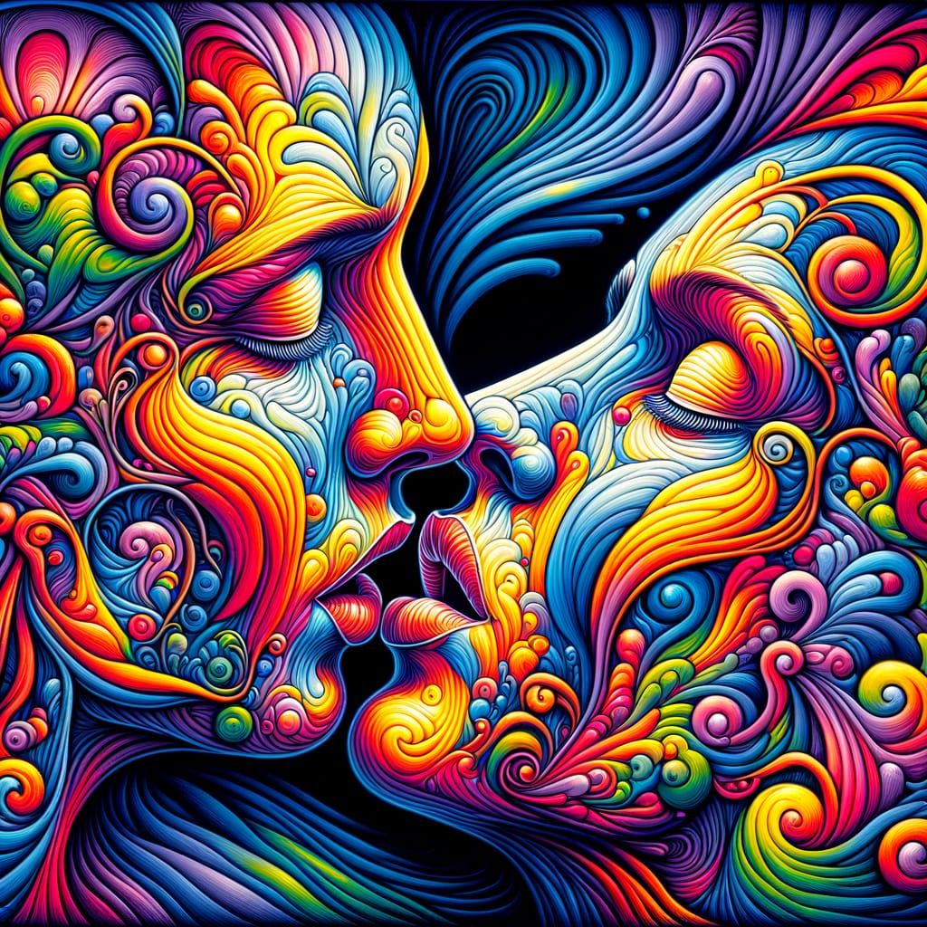 Psychedelic Graffiti Art: Two Faces Kissing in Surrealism St...