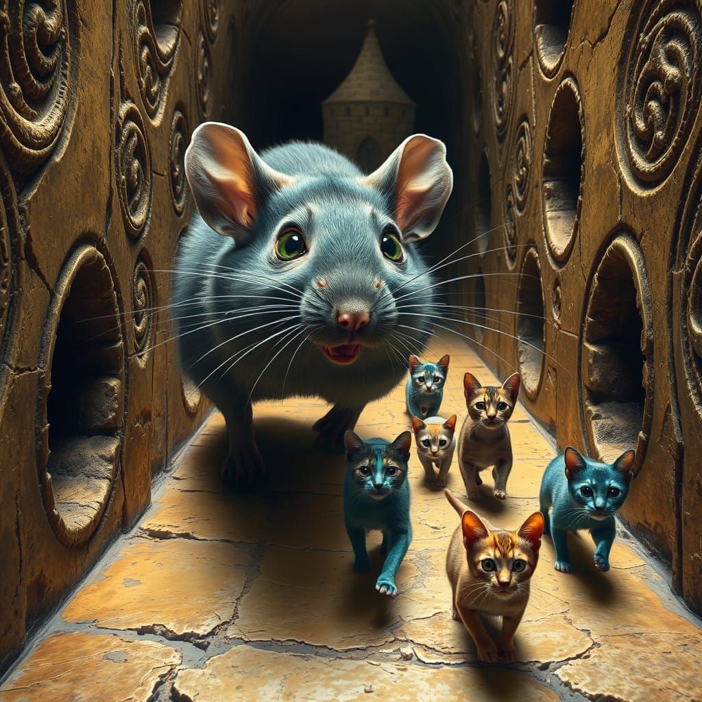 Colossal Mouse Pursues Miniature Cats in Byzantine Labyrinth