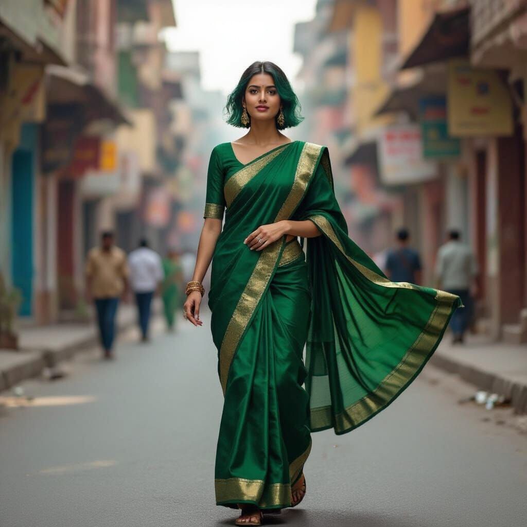 Woman in Green Saree Walks Lively Street in Realistic Style