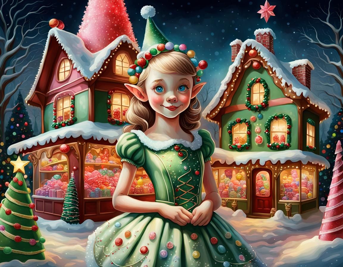 Candy Elf Portrait Outside Christmas Candy Shop