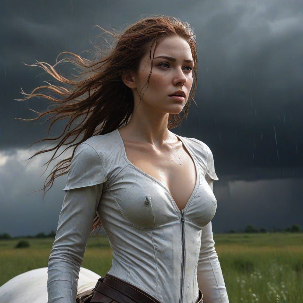 Dynamic Woman on Horseback in Storm