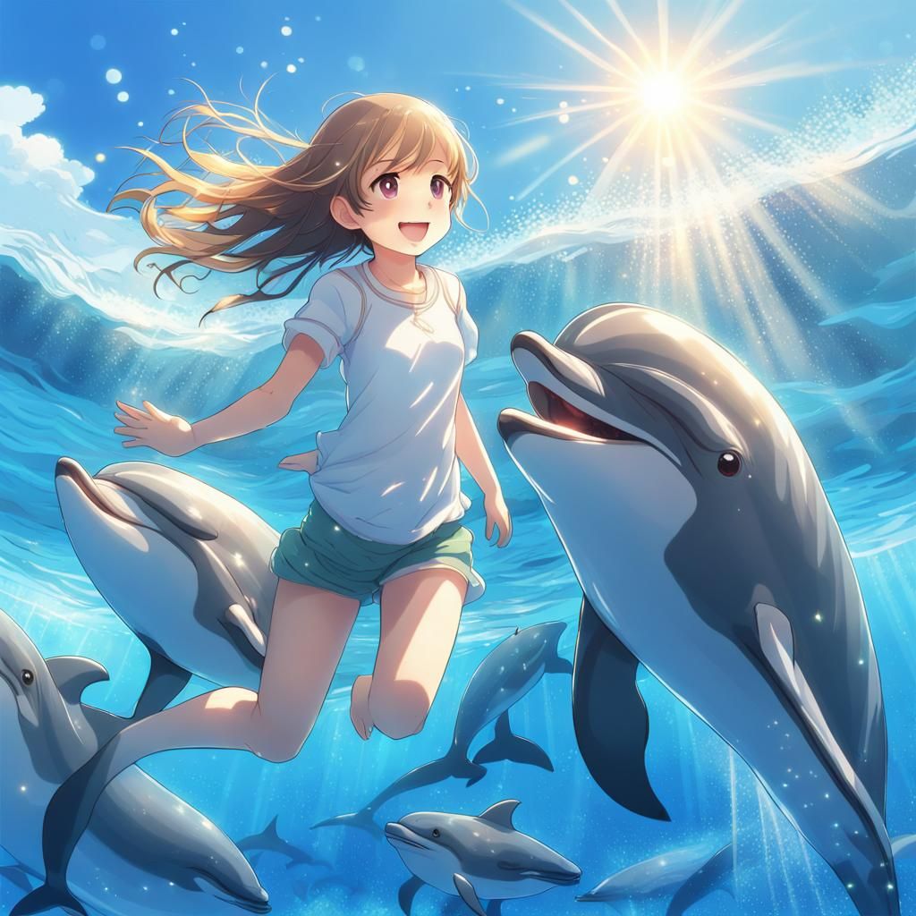 Girl and Dolphins in Sparkling Anime Style